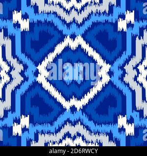 Uzbek ikat silk fabric pattern, indigo blue and white colors. Seamless geometric pattern, based on ikkat fabric style. Vector illustration. Carpet rug Stock Vector