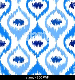 Uzbek ikat silk fabric pattern, indigo blue and white colors. Seamless geometric pattern, based on ikkat fabric style. Vector illustration. Carpet rug Stock Vector