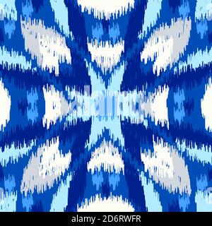 Uzbek ikat silk fabric pattern, indigo blue and white colors. Seamless geometric pattern, based on ikkat fabric style. Vector illustration. Carpet rug Stock Vector