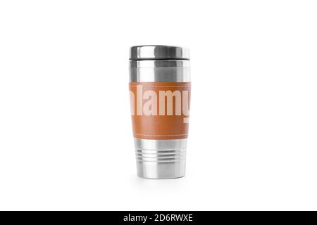 Isolated in white thermo reusable cup of stainless steel and leather. Eco friendly lifestyle Stock Photo