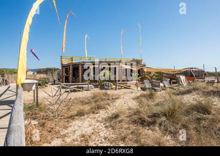 Popular beach bar at beach los lances reserve, Tarifa, Costa de la luz, Andalucia, Spain. Stock Photo