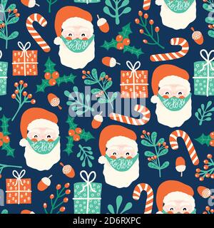 Coronavirus Christmas seamless vector pattern. Santa Claus wearing a protective face mask against coronavirus background. Merry Christmas 2020 during Stock Vector