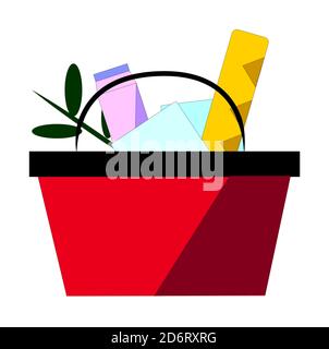 Red plastic shopping basket full of groceries products. Grocery store. vector illustration in flat style Stock Vector