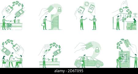 NFC benefits flat silhouette thin line concept vector illustrations set Stock Vector