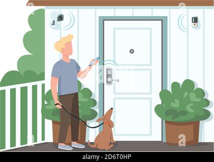Guy using smart home security flat color vector faceless character Stock Vector