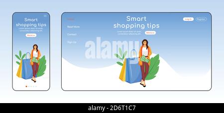 Smart shopping tips adaptive landing page flat color vector template Stock Vector