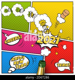2021 New Year postcard or greeting card template. Vector festive retro design in comic book style with champagne bottle and flying cork. Stock Vector