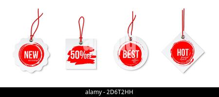 Clearance Sale different tags with strings set isolated on white background. Red discount voblers bundle. Best offer and hot price, 50 percent sell Stock Vector