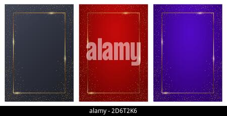 Grey, blue, red rectangular backgrounds set. Elegant colorful wallpapers with thin geometric border and golden sparkle confetti. Luxurious design Stock Vector