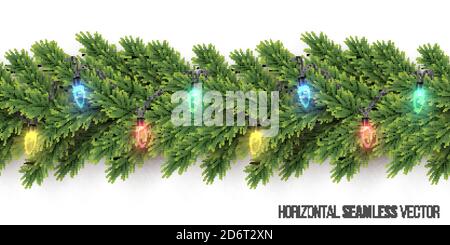 Green christmas branch with garland transparent background. Holly fir natural decoration. Realistic merry xmas, new year traditional ornament Stock Vector