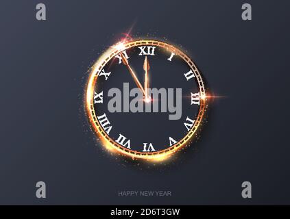 Happy new year clock countdown background. Gold light shining with sparkles abstract celebration at midnight. Festive glowing time card vector Stock Vector