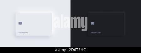 Plastic bank credit card templates with chip and shadow. Realistic white and black isolated objects. Vector Neomorphism digital technology mockup Stock Vector