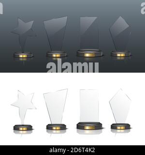 Award trophy set. Star and rectangle shaped glass prize statues on white and black background. Champion glory in competition vector illustration Stock Vector