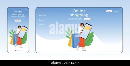 Online shopping adaptive landing page flat color vector template Stock Vector