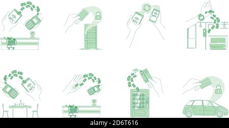 Electronic payments and keycards thin line concept vector illustrations set Stock Vector