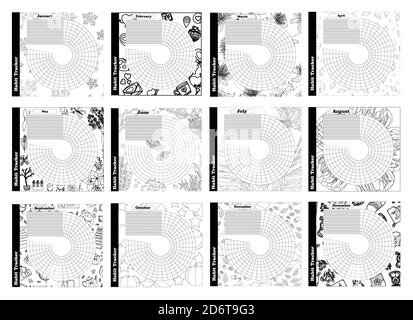 Habit tracker for a year. 12 templates in a set. Good habits. Tracking cases. To-do list Stock Photo