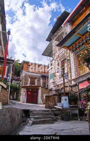 From below of stone and wooden building of local street in ancient Sichuan province Stock Photo