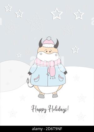 New Year's card of 2021. Cute ox in a scarf illustration. Winter hand drawn card. happy Holidays. Stock Photo
