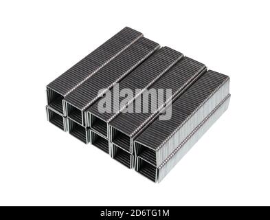 Iron staples nails for attaching different materials to wood. Isolated on white Stock Photo
