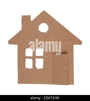 SImple small homemade toy home made for cardboard. Isolated on white macro Stock Photo