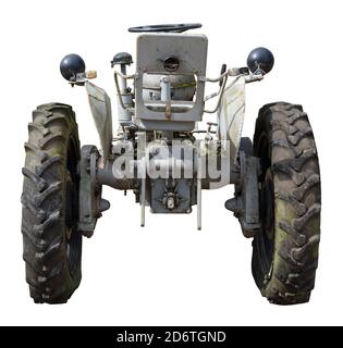 Retro rusty tractor back side view. Isolated on white Stock Photo
