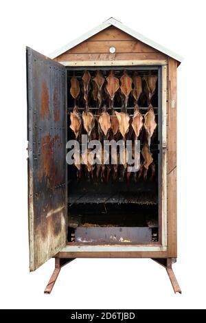 Mobile village shed for smoking fish and sausages isolated on white Stock Photo