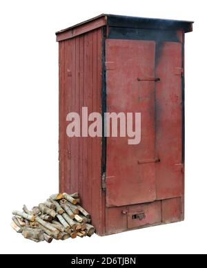Mobile village shed for smoking fish and aspen logs heap isolated on white Stock Photo