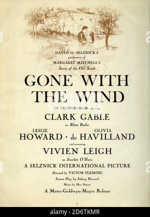 Inside Title Page from the Original Release US Brochure / Programme for CLARK GABLE VIVIEN LEIGH LESLIE HOWARD and OLIVIA de HAVILLAND in GONE WITH THE WIND 1939 director VICTOR FLEMING novel Margaret Mitchell music Max Steiner costumes Walter Plunkett producer David O. Selznick Selznick International Pictures / Metro Goldwyn Mayer Stock Photo