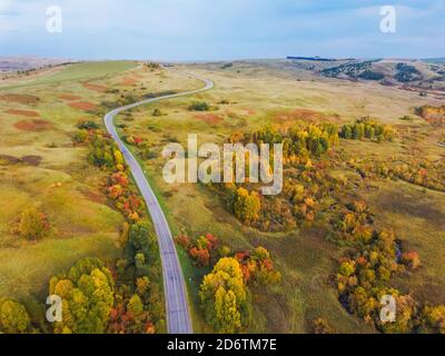 Aerial road view with picturesque autumn landscape, panoramic view Stock Photo