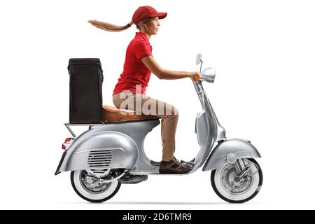 Female courier delivering food with a motorbike scooter isolated on white background Stock Photo