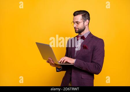 Photo of handsome rich clothes outfit guy student hold notebook hands writing online homework report teacher quarantine time wear specs plaid shirt Stock Photo