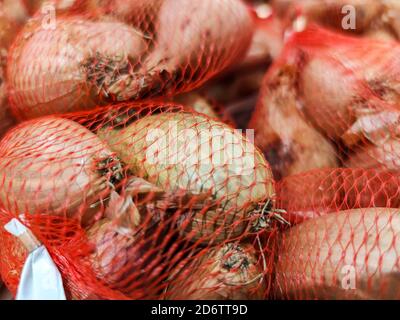 selected focus on fresh shallots at farmers market Stock Photo