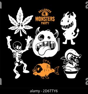 Set of monsters for Halloween. A collection of white silhouettes of mystical creatures. Vector illustration of monsters and witches. Stock Vector