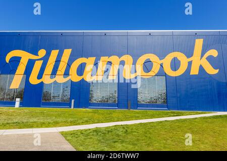 Tillamook, Oregon, USA - June 28, 2019: Tillamook Trademark on Cheese Factory building on central Oregon coast, USA Stock Photo