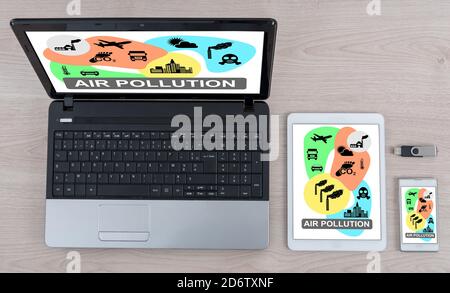 Air pollution concept shown on different information technology devices Stock Photo