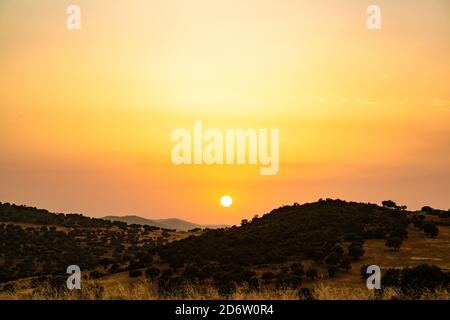 Sunset with intense sun and orange sky Stock Photo