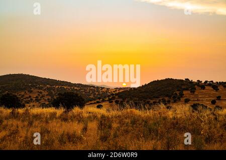 Mountain landscape in summer with intense orange sunset Stock Photo