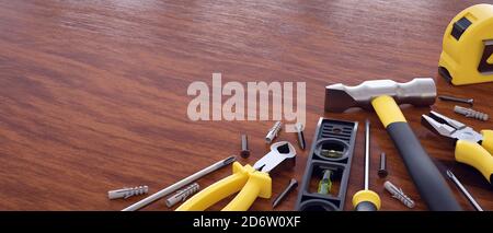 DIY tools set. Wood & Yellow color. Stock Photo