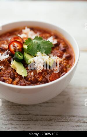 Bowl with a vegan chili with TVP granules