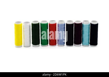 Set of colored thread. Close-up. Isolated over white background. Stock Photo