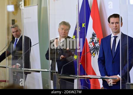 Vienna, Austria. 19th Oct, 2020. Press conference with (from L to R) Interior Minister Karl Nehammer  (New Austrian People's Party),   Vice Chancellor Werner Kogler  (The Greens) and Chancellor Sebastian Kurz  (New Austrian People's Party). Stock Photo