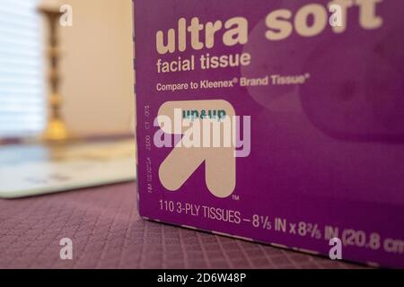 Close-up of logo for Target Up and Up store brand on facial tissue box, San Ramon, California, September 12, 2020. () Stock Photo