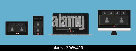 Screen group video call on the screen of a realistic laptop, tablet, smartphone. Stock Vector