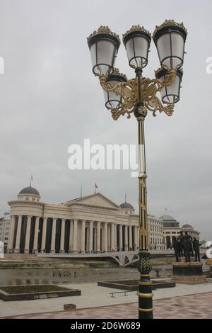 The Vardar river bank and the Macedonian museum in Skopje city in North Macedonia Stock Photo