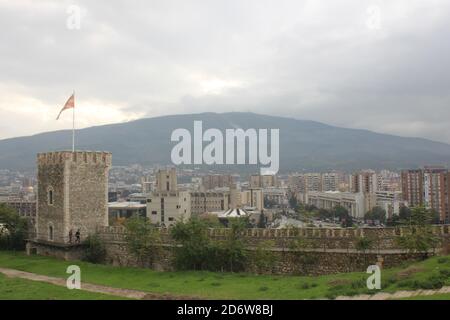 Skopje castle and city view in North Macedonia Stock Photo