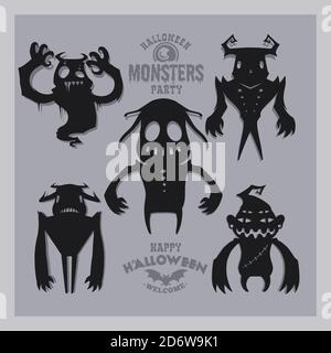 Set of monsters for Halloween. A collection of black silhouettes of mystical creatures. Vector illustration of monsters and witches. Stock Vector