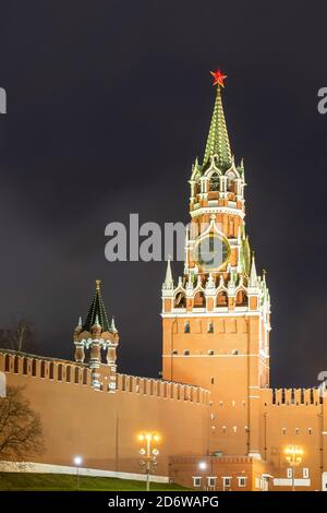 Spasskaya tower of the Kremlin in the dark of night - Moscow, Russia, 17 01 2020 Stock Photo