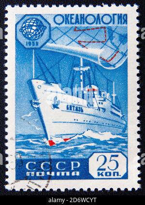 MOSCOW RUSSIA - NOVEMBER 25, 2012: A stamp printed in Russia, shows ocean ship, circa 1955 Stock Photo