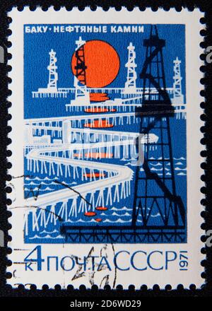 MOSCOW RUSSIA - NOVEMBER 25, 2012: A stamp printed in Russia shows Oil Rocks, Baku. Circa 1971 Stock Photo