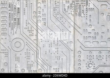 Concrete wall background with carved pattern of digital electronics circuit Stock Photo